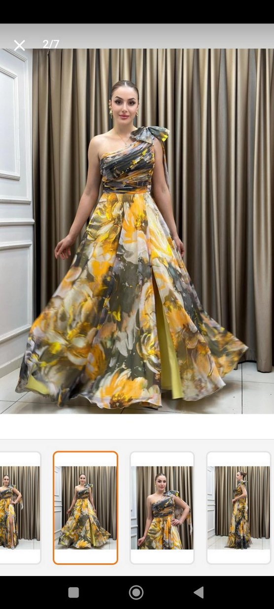 Sarı Gri Drapeli Uzun tek omuz Elbise - Görsel 2