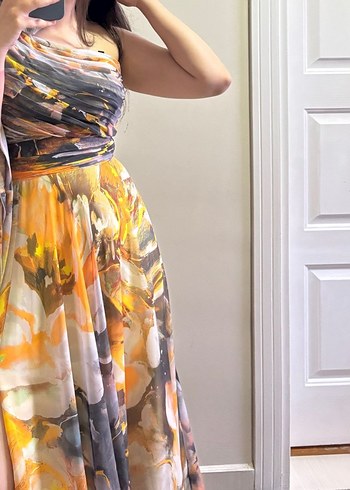 çok renkli drapeli tek omuz elbise - Görsel 2