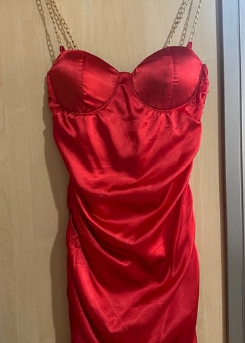 Kırmızı Saten Drapeli Mini Elbise - Görsel 2
