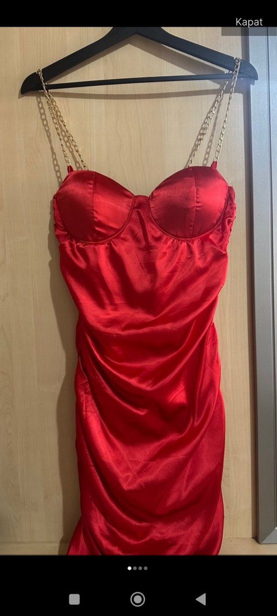 Kırmızı Saten Drapeli Mini Elbise - Görsel 2