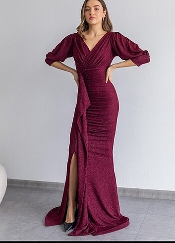 Diğer bordo simli yırtmaclı abiye