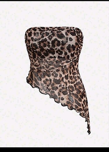 leopar asimetrik kesim yırtmaçlı straplez bluz