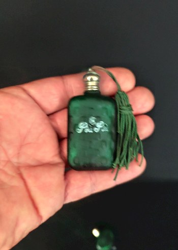 Vintage Zümrüt Yeşili Art Deco Buzlu Cam Parfüm Şişesi - Görsel 4