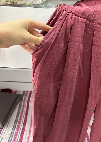 40 Beden Bordo Piliseli Bol Kesim Keten Pantolon