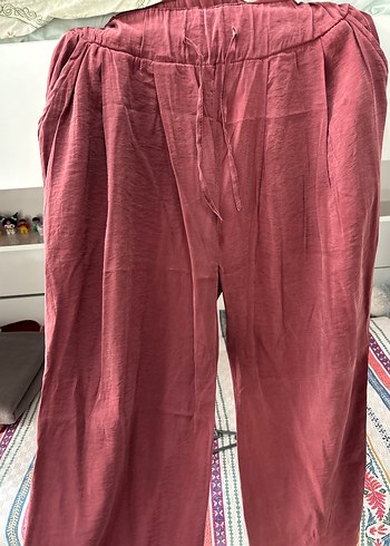 Bordo Piliseli Bol Kesim Keten Pantolon