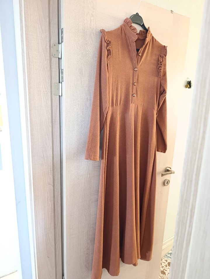 Düğmeli, Uzun Kollu, Bol Kesim Kadın Elbise - Görsel 4