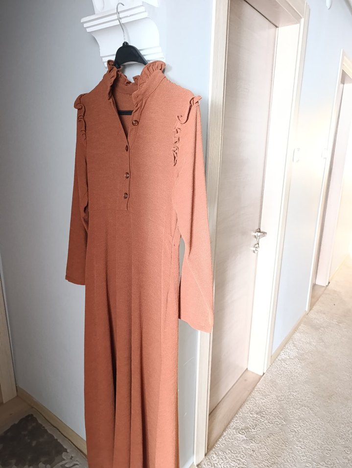 Düğmeli, Uzun Kollu, Bol Kesim Kadın Elbise - Görsel 3