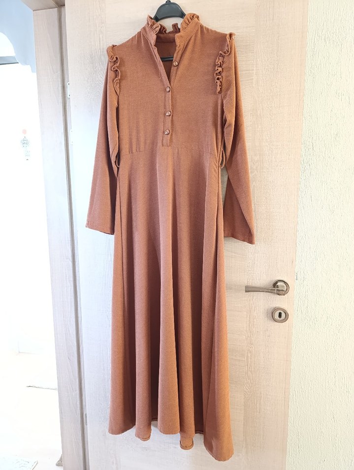 Düğmeli, Uzun Kollu, Bol Kesim Kadın Elbise - Görsel 5