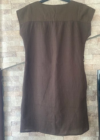 MANGO Kahverengi Kolsuz Keten Midi Elbise - Görsel 6