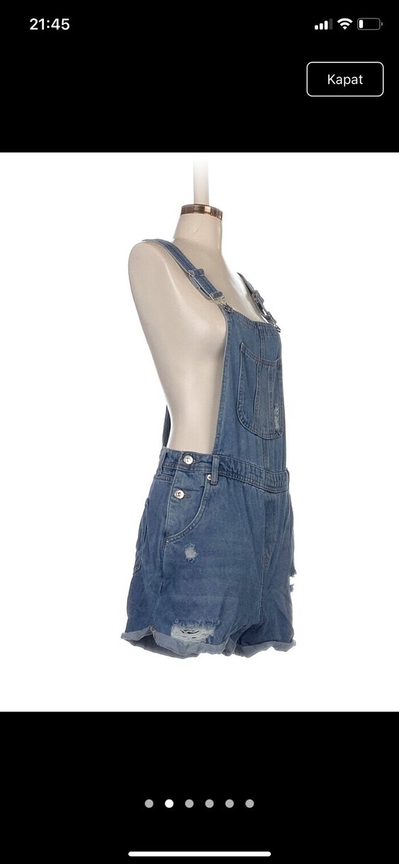 Kadın Mavi Kot Askılı Şort Tulum - Görsel 2