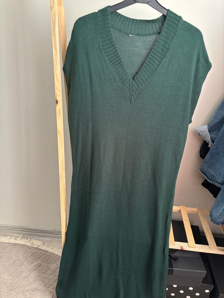 V Yaka Örme Kadın Süveter Elbise - Görsel 2