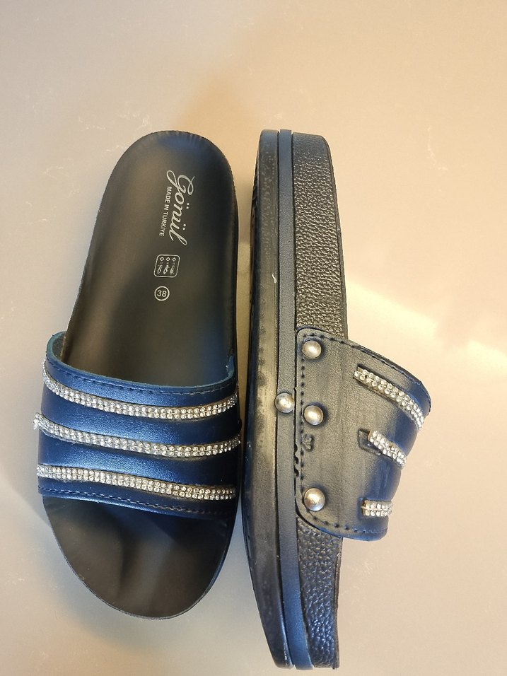 Mavi Parlak Taşlı Platform Terlik - Görsel 5