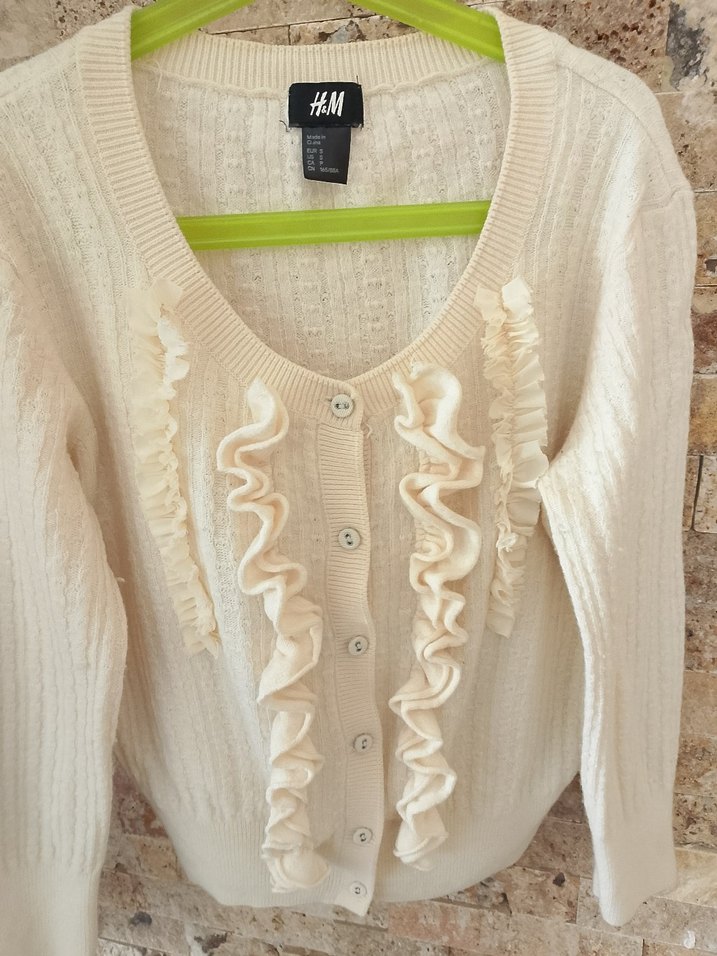 H&M Ekru Fırfırlı İnce Triko Hırka — görsel 6/7