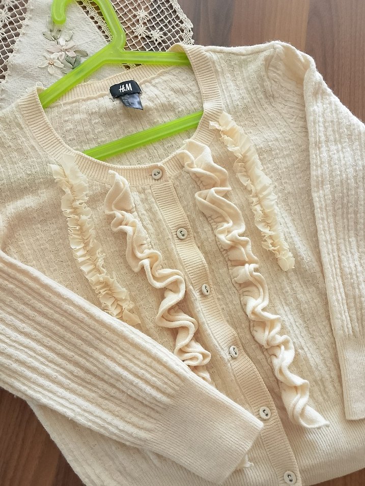 H&M Ekru Fırfırlı İnce Triko Hırka — görsel 2/7