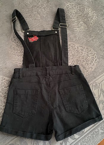 Diğer Kızlar için Siyah Nakışlı Denim Askılı Tulum