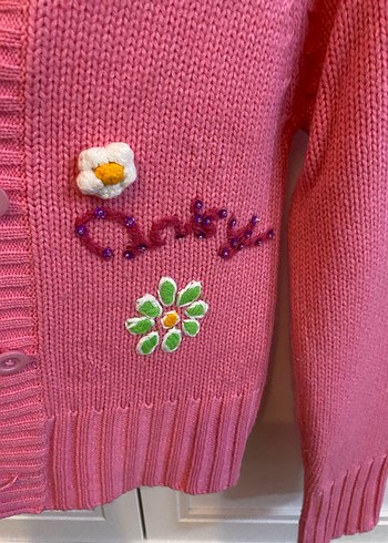 Nakışlı Pembe Kız Çocuk Triko Hırka - Görsel 2