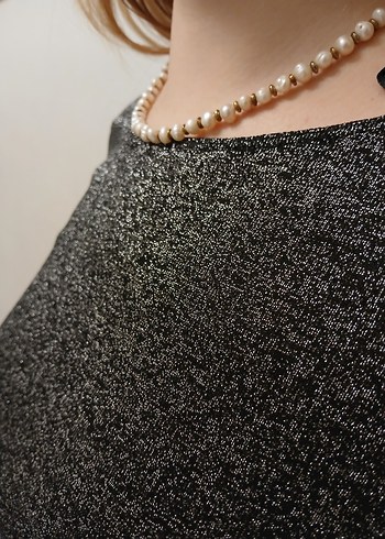 Gri Uzun Kollu Simli Kadın Elbise - Görsel 3