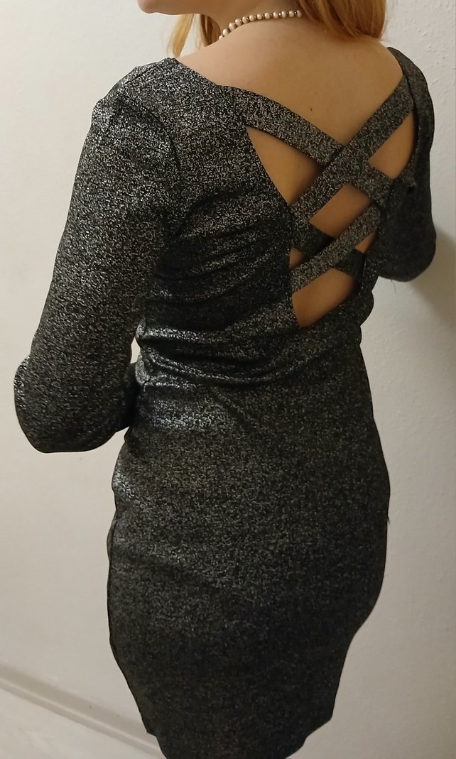 Gri Uzun Kollu Simli Kadın Elbise - Görsel 2