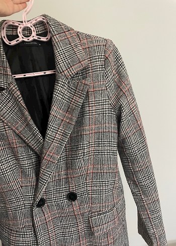 Gri Ekose Desenli Düğmeli Kadın Blazer - Görsel 2