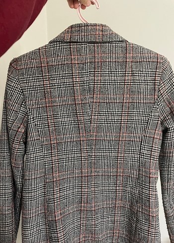 Gri Ekose Desenli Düğmeli Kadın Blazer - Görsel 3
