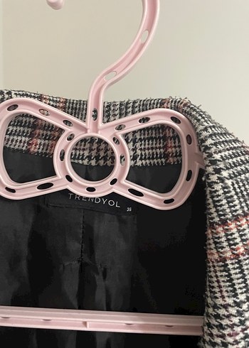 Gri Ekose Desenli Düğmeli Kadın Blazer - Görsel 4