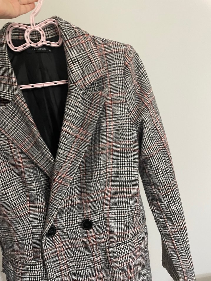 Gri Ekose Desenli Düğmeli Kadın Blazer - Görsel 2