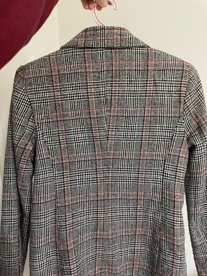 Gri Ekose Desenli Düğmeli Kadın Blazer - Görsel 3