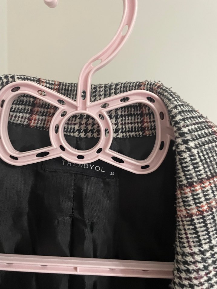 Gri Ekose Desenli Düğmeli Kadın Blazer - Görsel 4