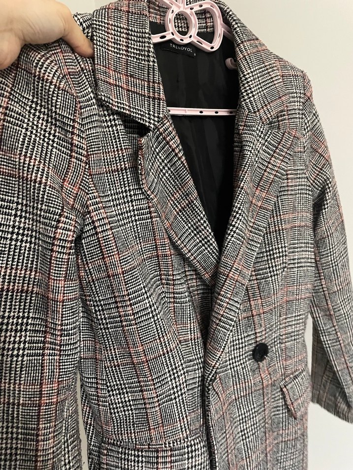 Gri Ekose Desenli Düğmeli Kadın Blazer - Görsel 5