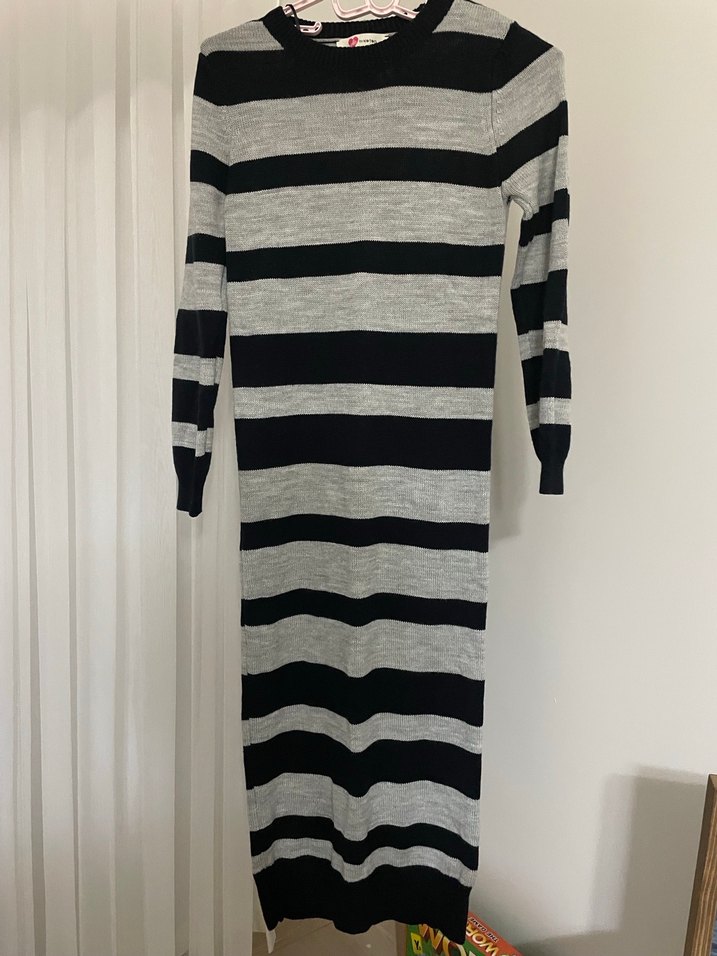 Gri Lacivert Çizgili Kadın Triko Uzun Elbise - Görsel 4