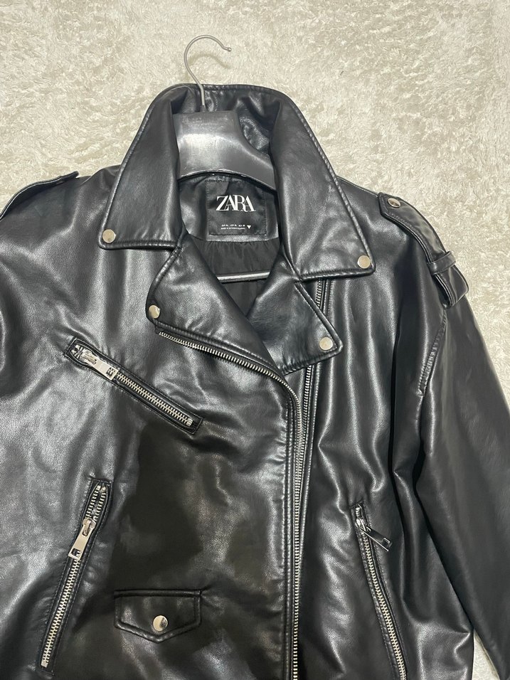 Zara Siyah Deri Fermuarlı Kadın Ceket - Görsel 5