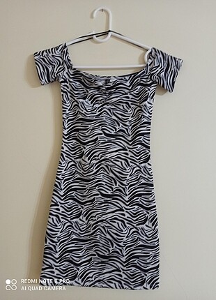 Zebra kayık yaka elbise
