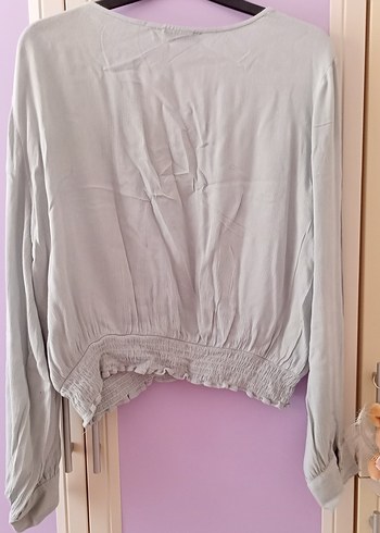 Drapeli V Yakalı Gri Kadın Bluz - Görsel 5