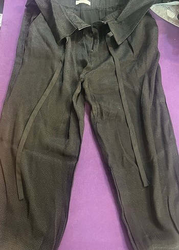 Siyah  Kadın Kemerli Saten Pantolon - Görsel 4