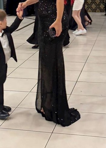 Siyah Uzun V Yaka Drapeli Gece Elbisesi - Görsel 3