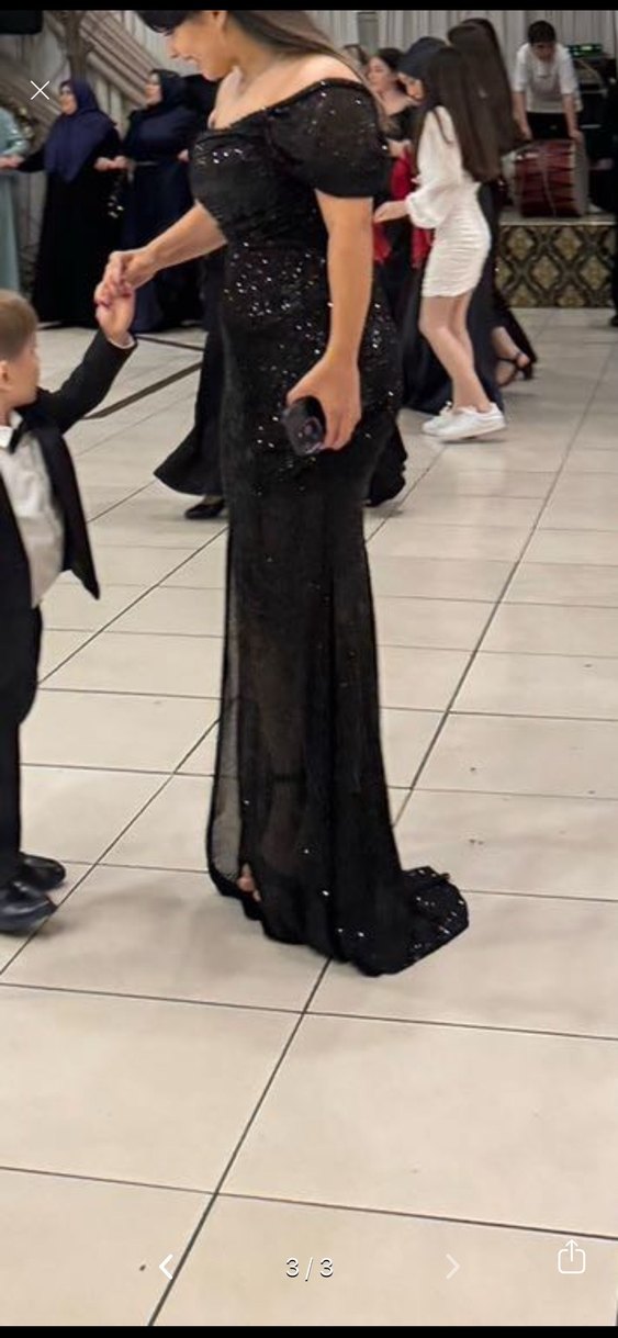 Siyah Uzun V Yaka Drapeli Gece Elbisesi - Görsel 3