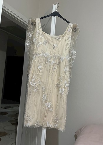 Drapeli İşlemeli Beyaz  Abiye - Görsel 2