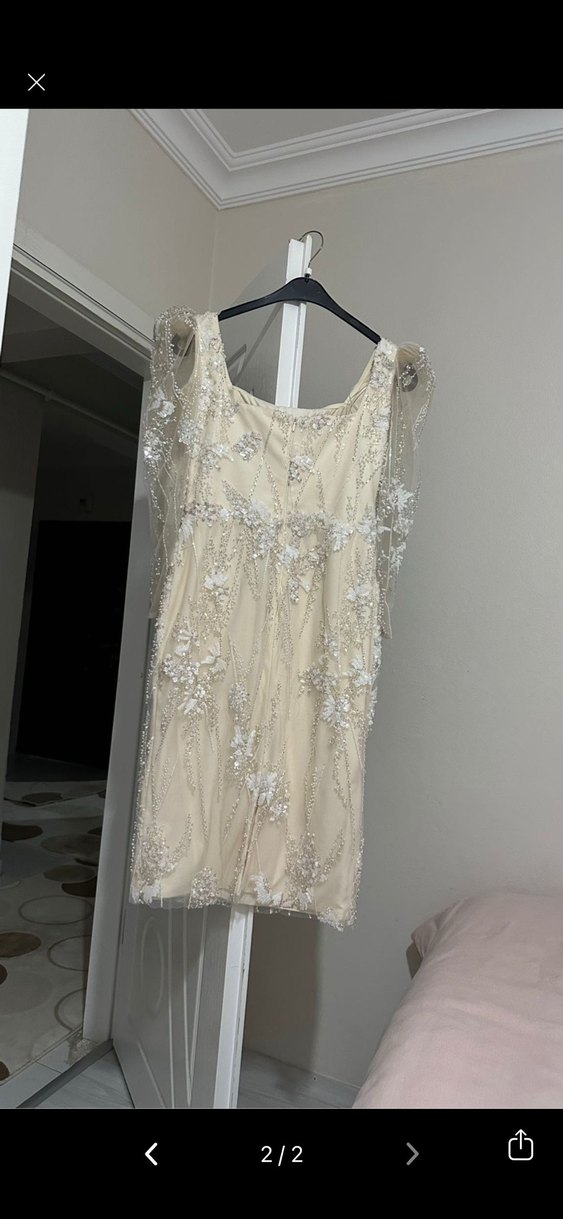 Drapeli İşlemeli Beyaz  Abiye - Görsel 2