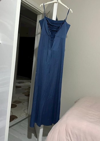 Lacivert Uzun Drapeli Straplez Abiye Elbise - Görsel 2