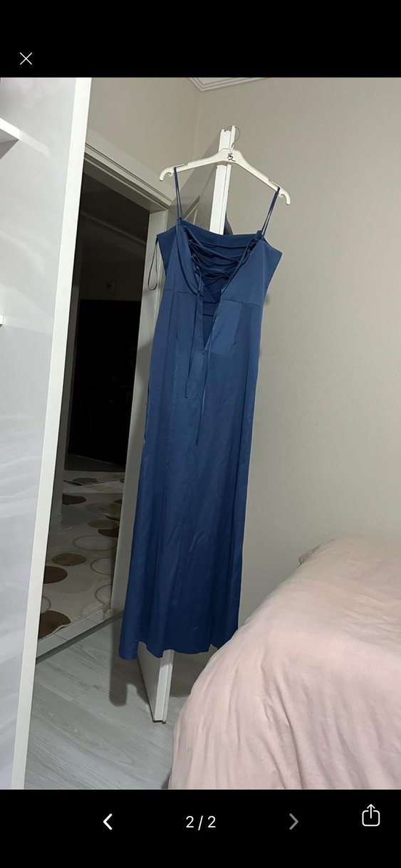 Lacivert Uzun Drapeli Straplez Abiye Elbise - Görsel 2