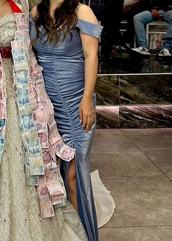 Uzun Gri Drapeli Straplez Abiye Elbise - Görsel 4