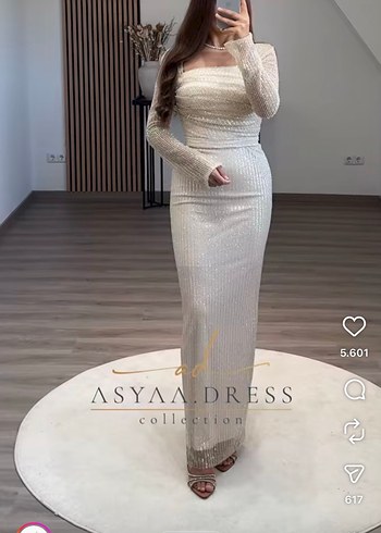 Krem  Uzun Kollu taşlı  Abiye Elbise - Görsel 2