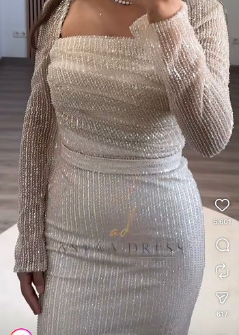 Krem  Uzun Kollu taşlı  Abiye Elbise - Görsel 4