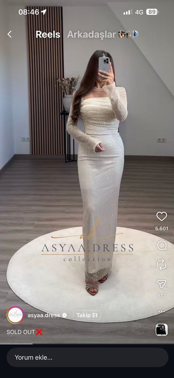 Krem  Uzun Kollu taşlı  Abiye Elbise - Görsel 2