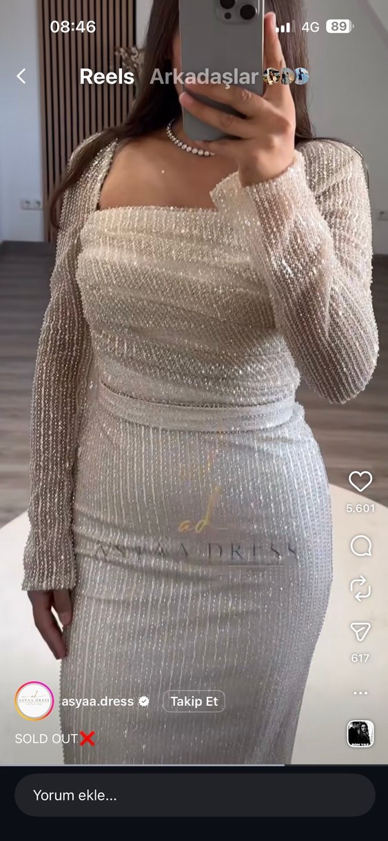 Krem  Uzun Kollu taşlı  Abiye Elbise - Görsel 4