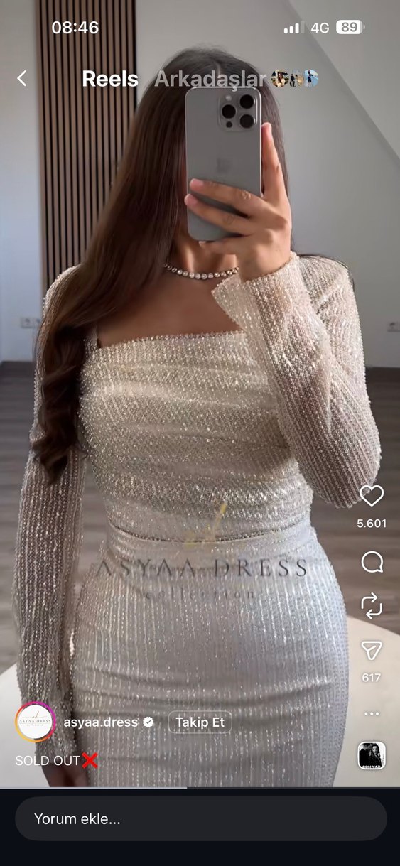 Krem  Uzun Kollu taşlı  Abiye Elbise - Görsel 3