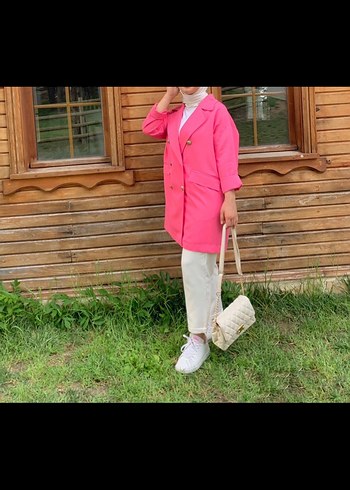 Pembe Uzun Kadın Blazer Ceket - Görsel 3