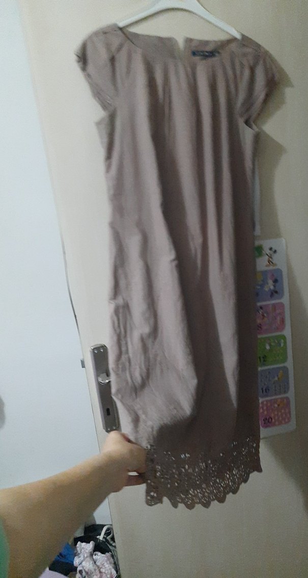 Bej Keten Salaş Midi Elbise - Görsel 2