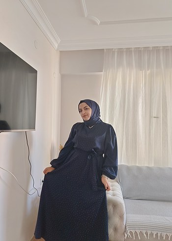 lacivert saten taşlı elbise