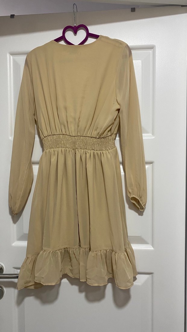 Bej V Yakalı Kadın Elbise - Görsel 2